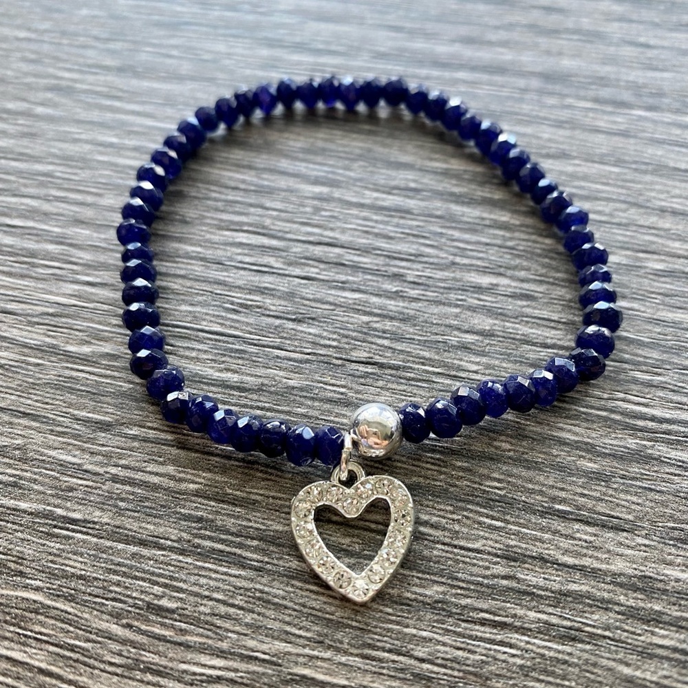 Midnight blue jade bracelet with pave heart and sterling silver.  One size